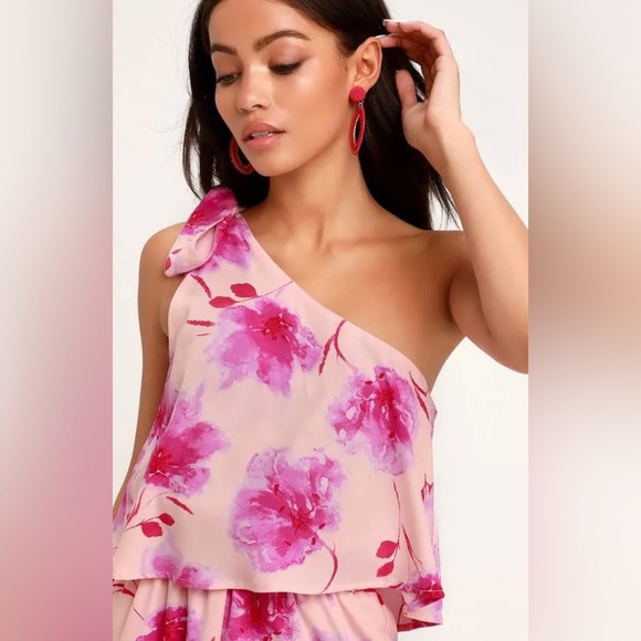 Lulu’s Take a Wild Chance Blush Floral Print One-Shoulder Romper Pretty in Pinks - Picture 1 of 7
